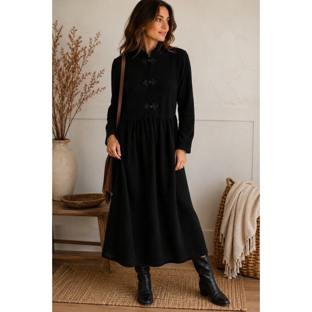 Stephanie Andrews Black 100% Merino Wool Frog Closure Knit Maxi Dress Medium